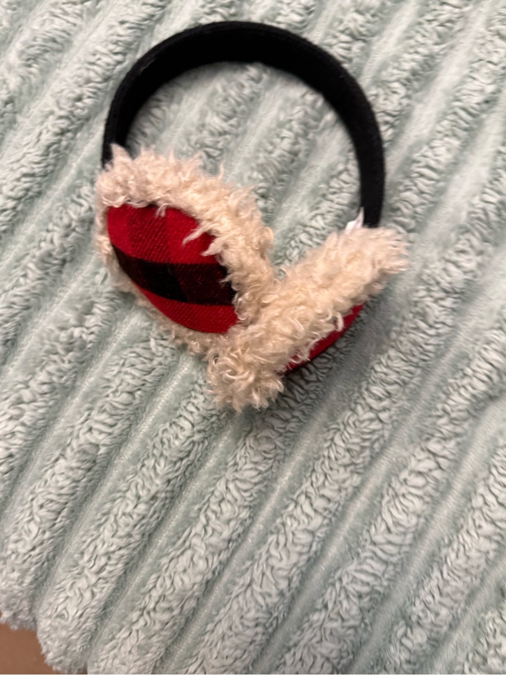 Plush Red Plaid Kids Earmuffs with Cream Faux Fur